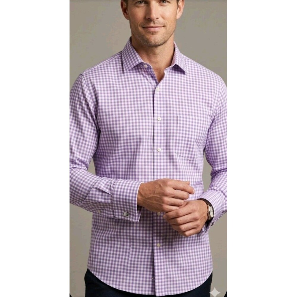 FORSYTH OF CANADA SHIRT 16.5 34/35 BUTTON DOWN PURPLE Plaid LINK CUFF SLEEVES